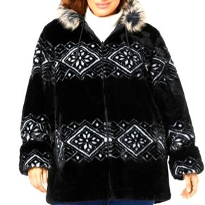 Faux fur snowflake print hooded jacket
